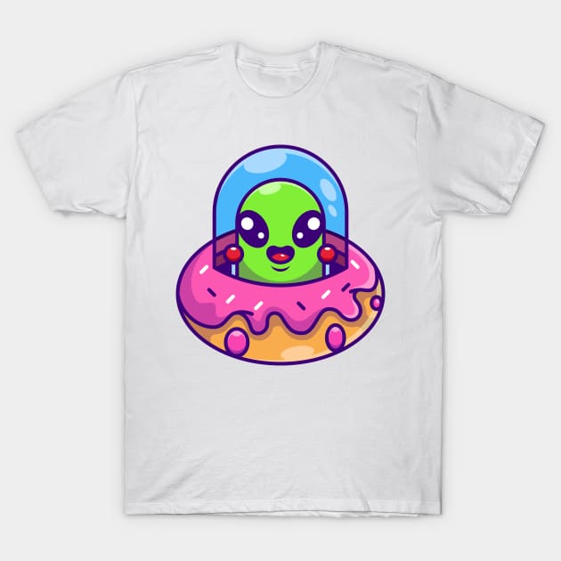 Cute alien flying with spaceship ufo doughnut cartoon T-Shirt by Wawadzgnstuff